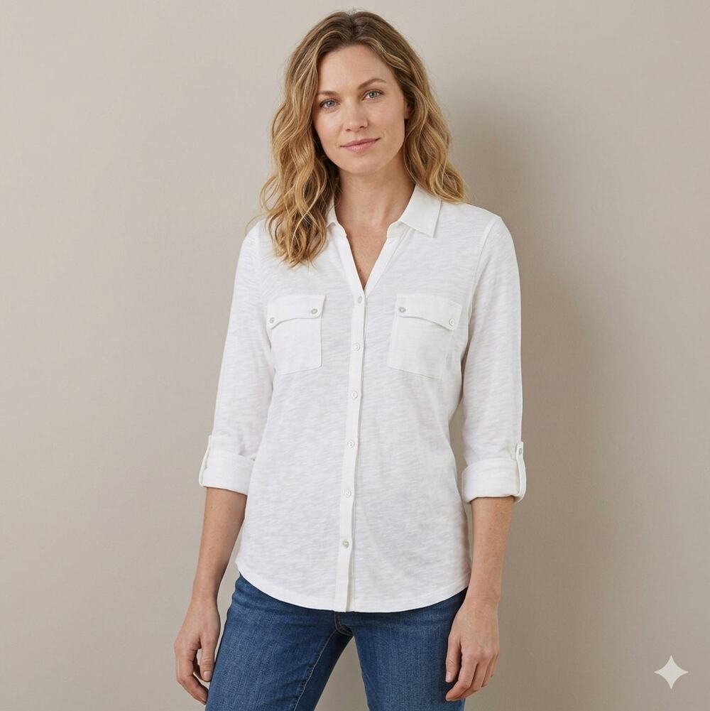 Liz Claiborne White Button-Down Slub Knit Utility Shirt (Size L)